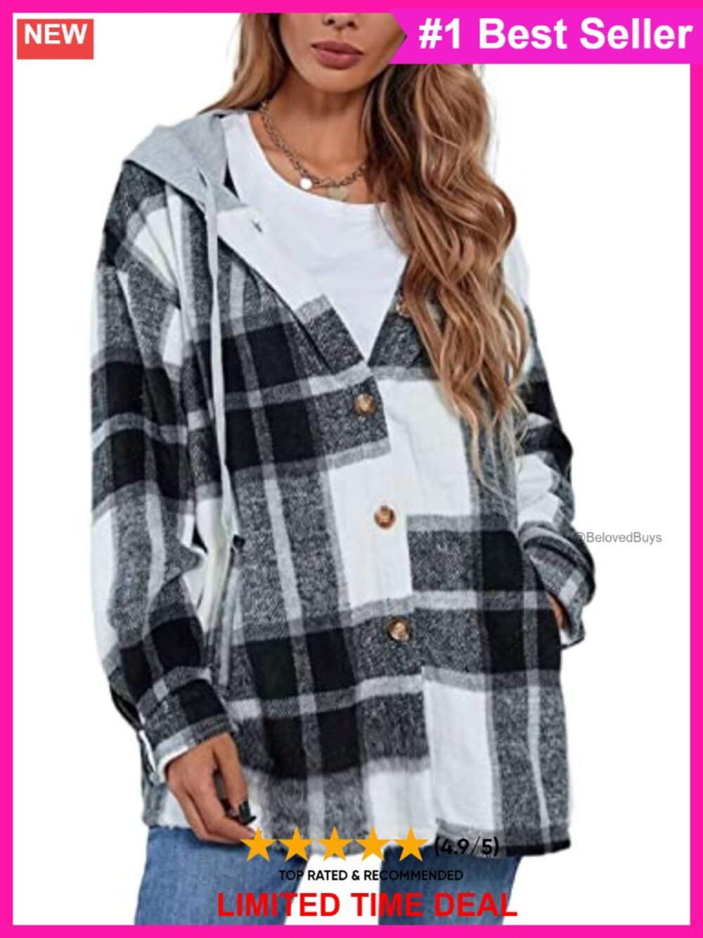 Womens Hooded Plaid Flannel Shacket Button Down Oversized Jacket